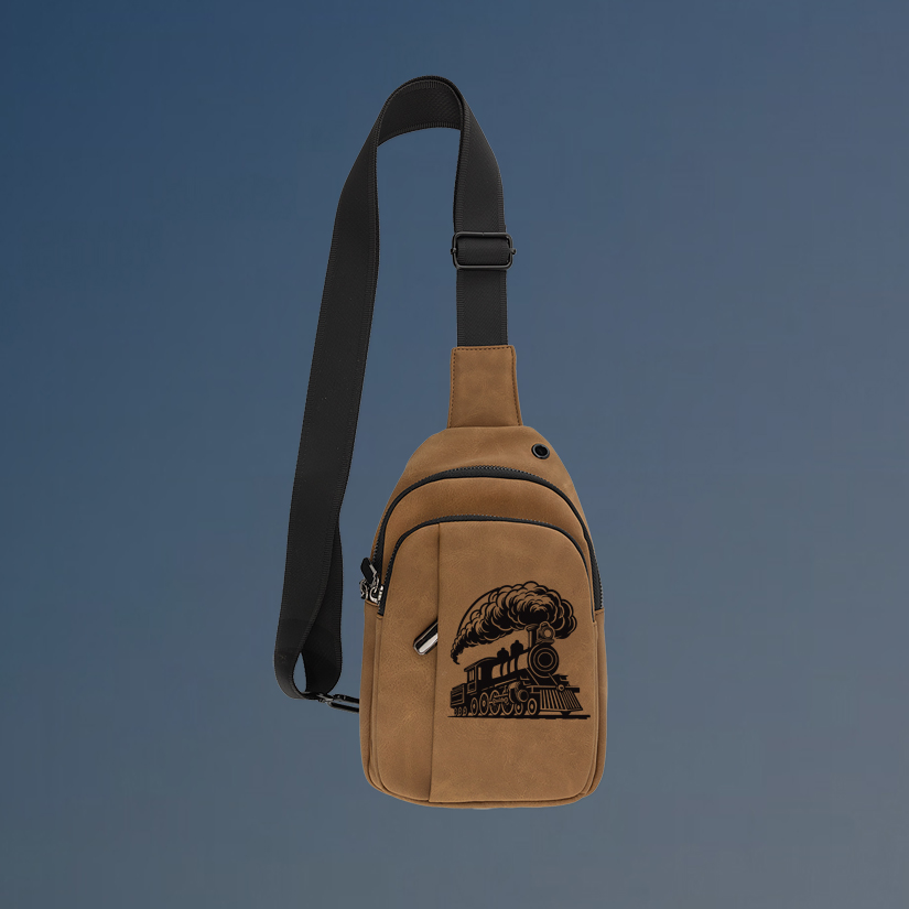 Custom engraved explorer train crossbody bag with your choice of train design and personalized text.