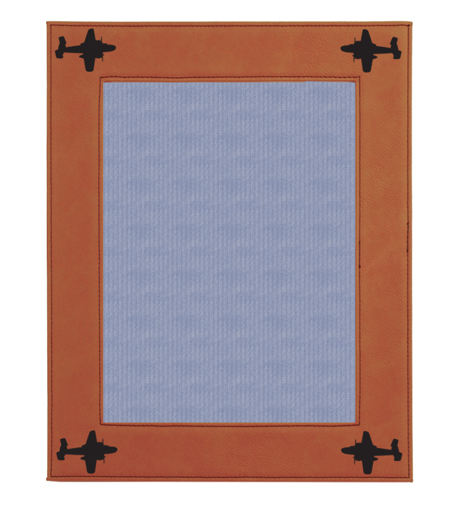 Custom engraved leatherette picture frame with military aircraft design and personalized text.