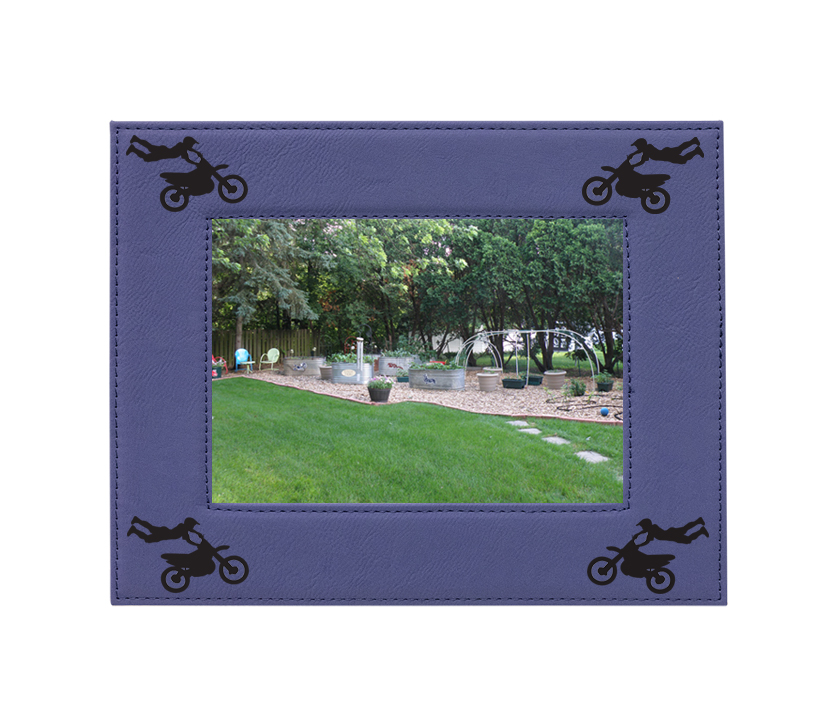 Custom engraved leatherette picture frame with motorcycle design and personalized text. Motorcycle Frame
