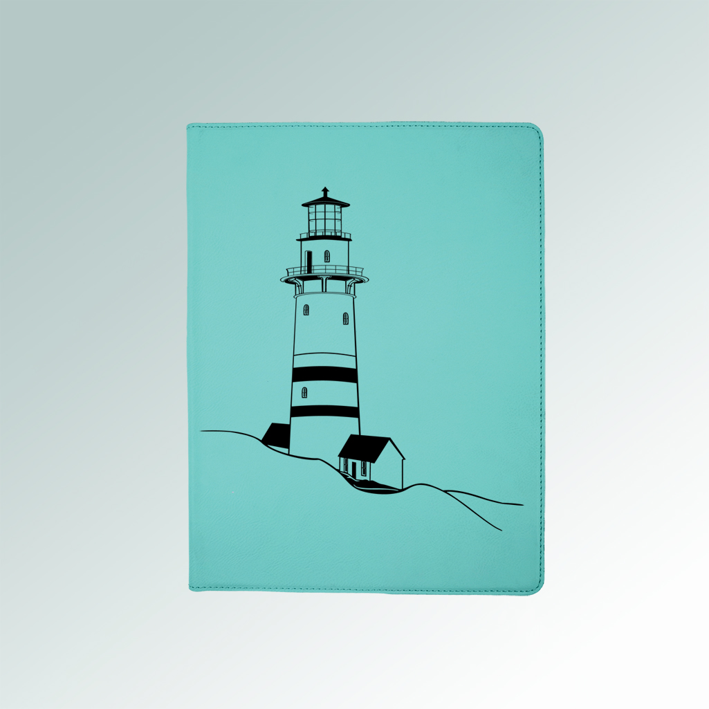 Custom engraved leatherette lighthouse portfolio with your choice of lighthouse design and custom engraved text. 85+ lighthouse designs to choose from.