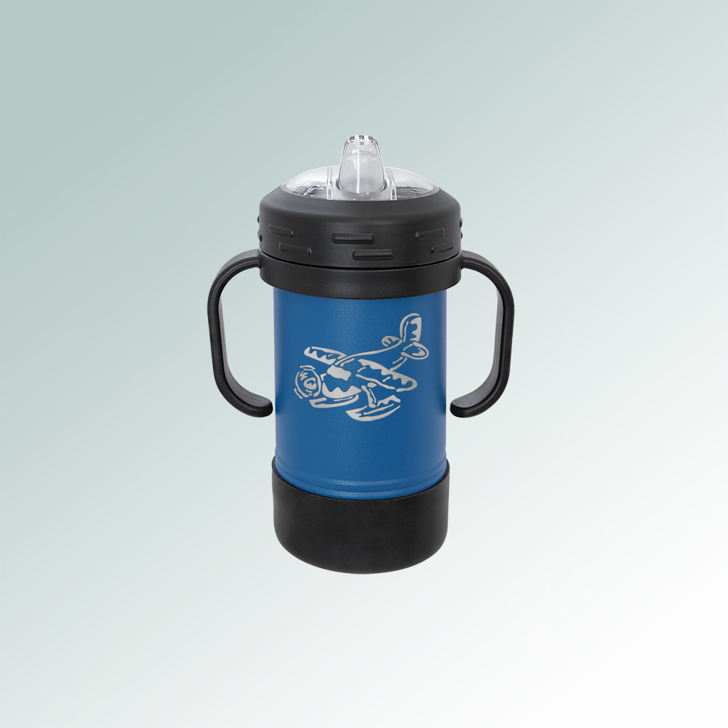 Personalized stainless steel airplane sippy cup with your choice of airplane design and custom engraved text. 85+ airplane designs to choose from.