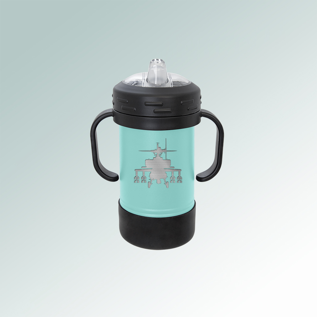 Custom engraved stainless steel helicopter sippy cup with your choice of helicopter design and personalized text. 50+ helicopter designs to choose from.
