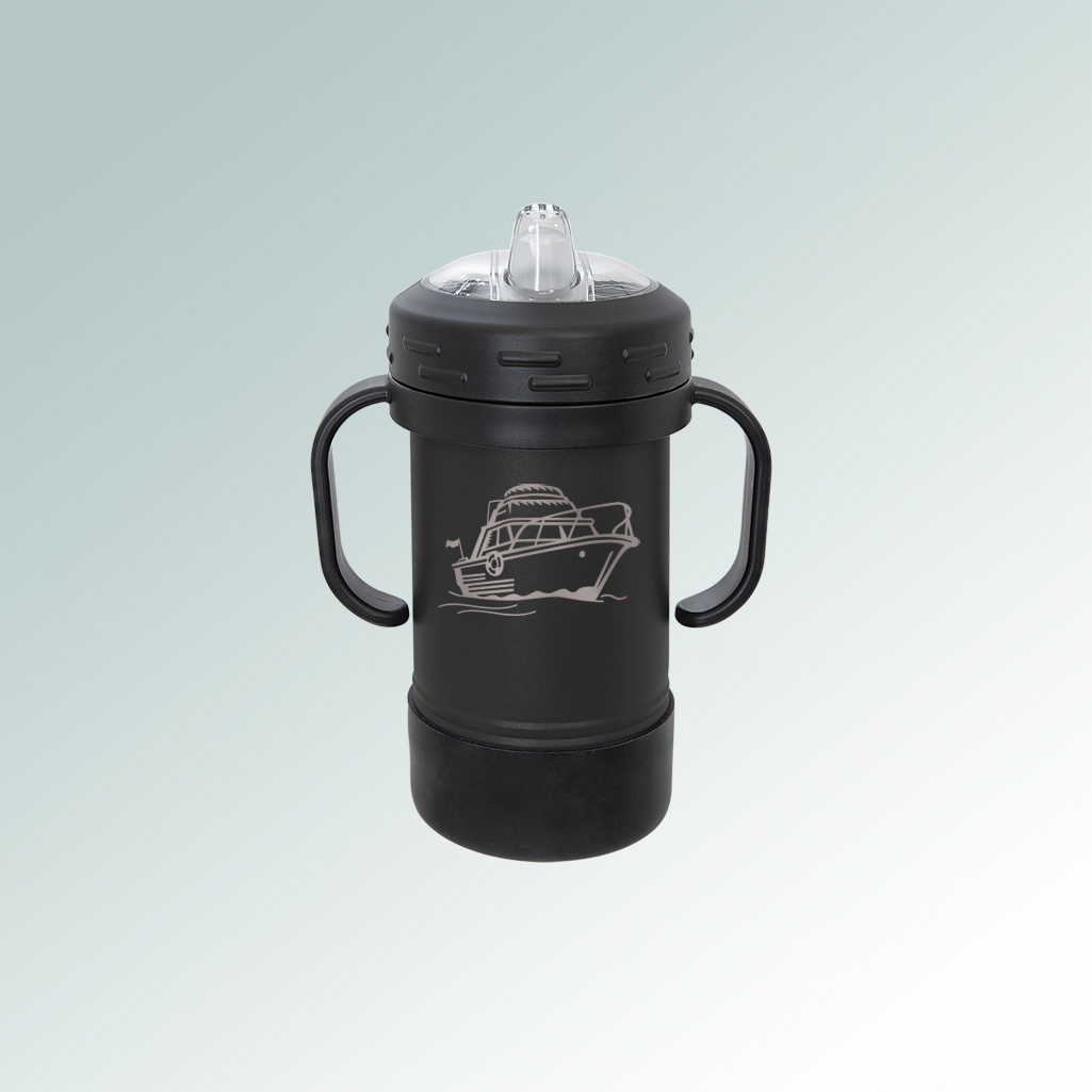 Personalized stainless steel boat sippy cup with your choice of boat design and custom engraved text. 50+ boat designs to choose from.
