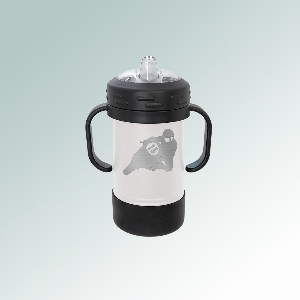 Personalized stainless steel motorcycle sippy cup with your choice of motorcycle design and custom engraved text. 40+ motorcycle designs to choose from.