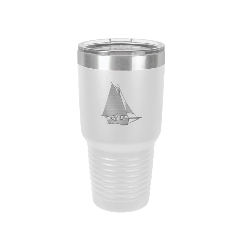 Custom engraved vacuum insulated 30 oz tumbler with your choice of sailboat design and personalized text.