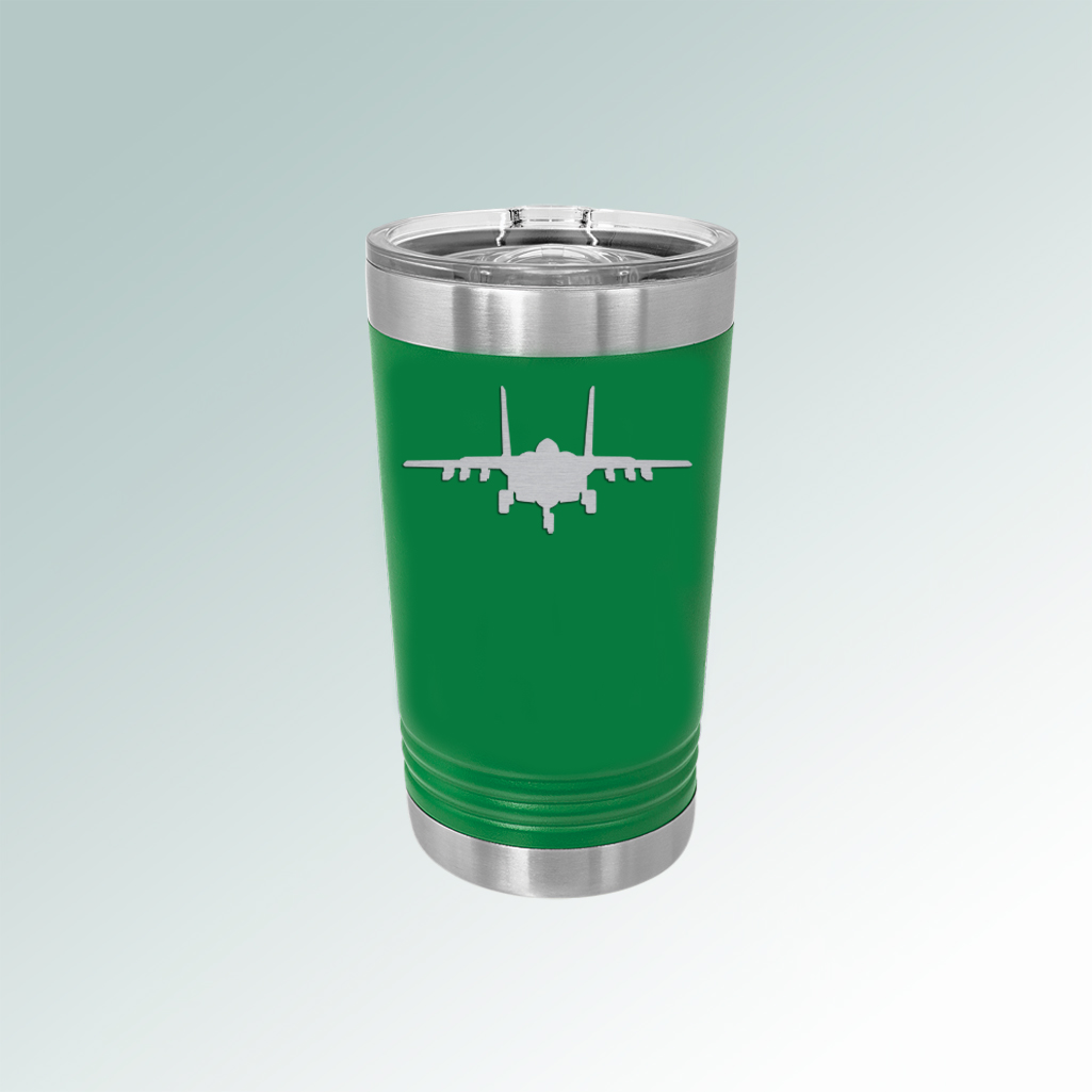 Personalized stainless steel polar camel pint glass with custom engraved text and a military aircraft design. Pilot Pint Glass