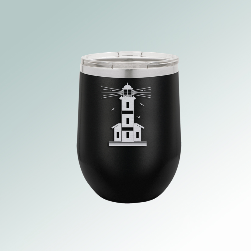 Laser engraved wine glass tumbler with your choice of nautical design and engraved text.