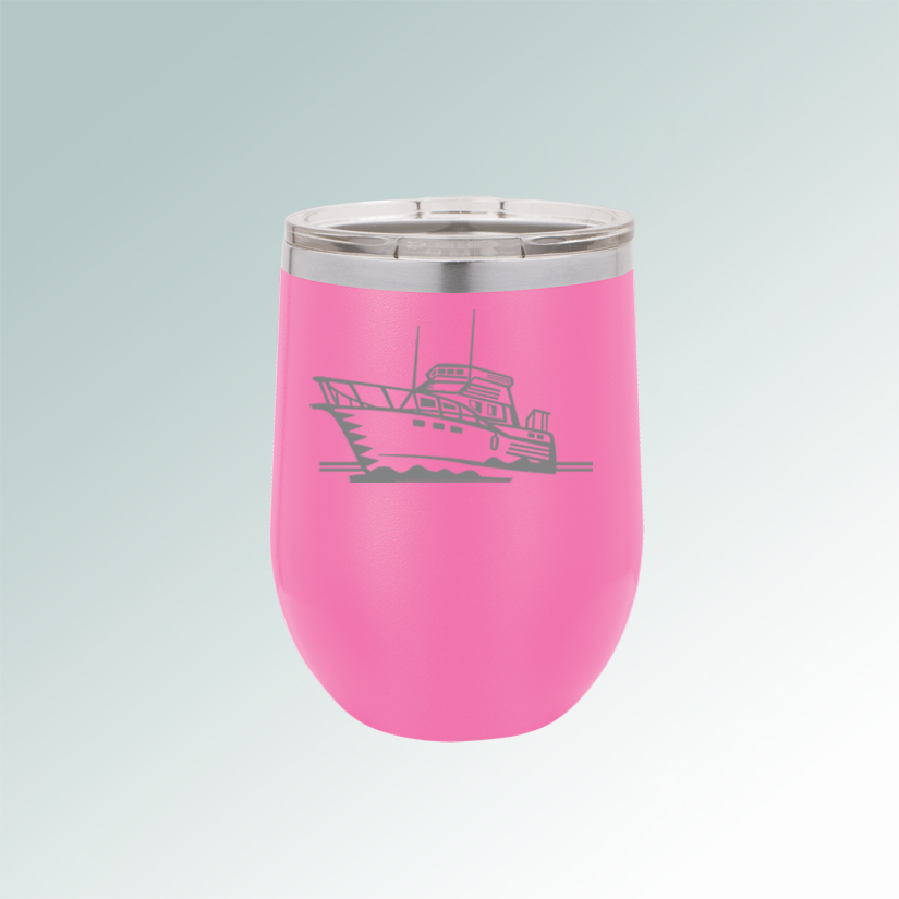 Custom engraved stainless steel stemless wine glass with laser engraved boat design and text.