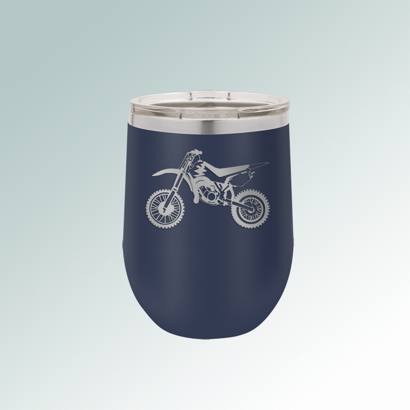 Custom engraved stainless steel stemless wine glass with laser engraved motorcycle design and text.