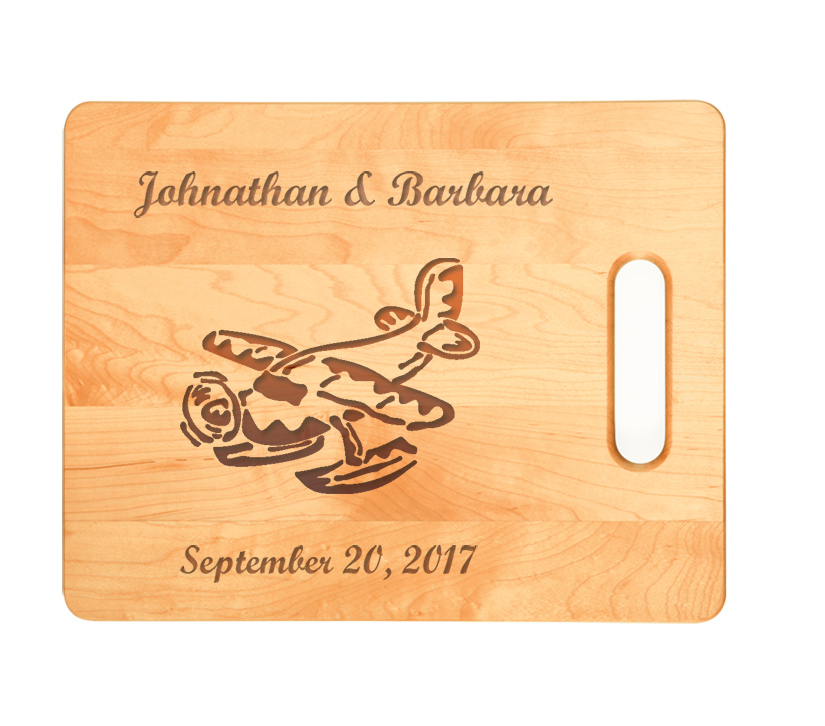 Custom engraved maple cutting board with engraved airplane design of your choice. Airplane Cutting Board