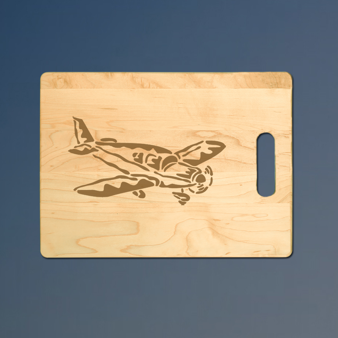 Custom engraved maple airplane cutting board with engraved airplane design of your choice. 85+ airplane designs to choose from.