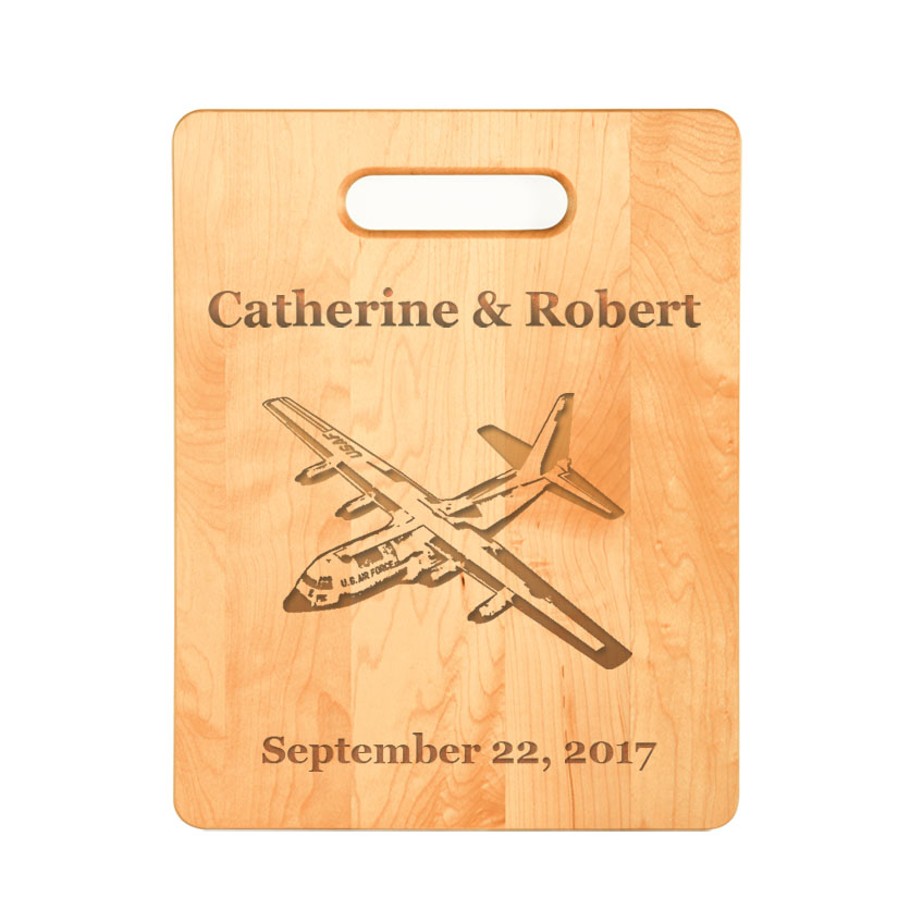 Custom engraved maple cutting board with engraved military aircraft design of your choice. Pilot Cutting Board