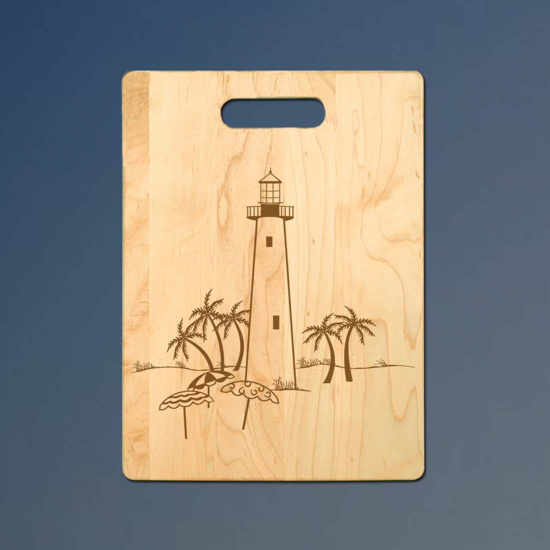 Custom engraved maple lighthouse cutting board with an engraved lighthouse design of your choice. 85+ lighthouse designs to choose from.