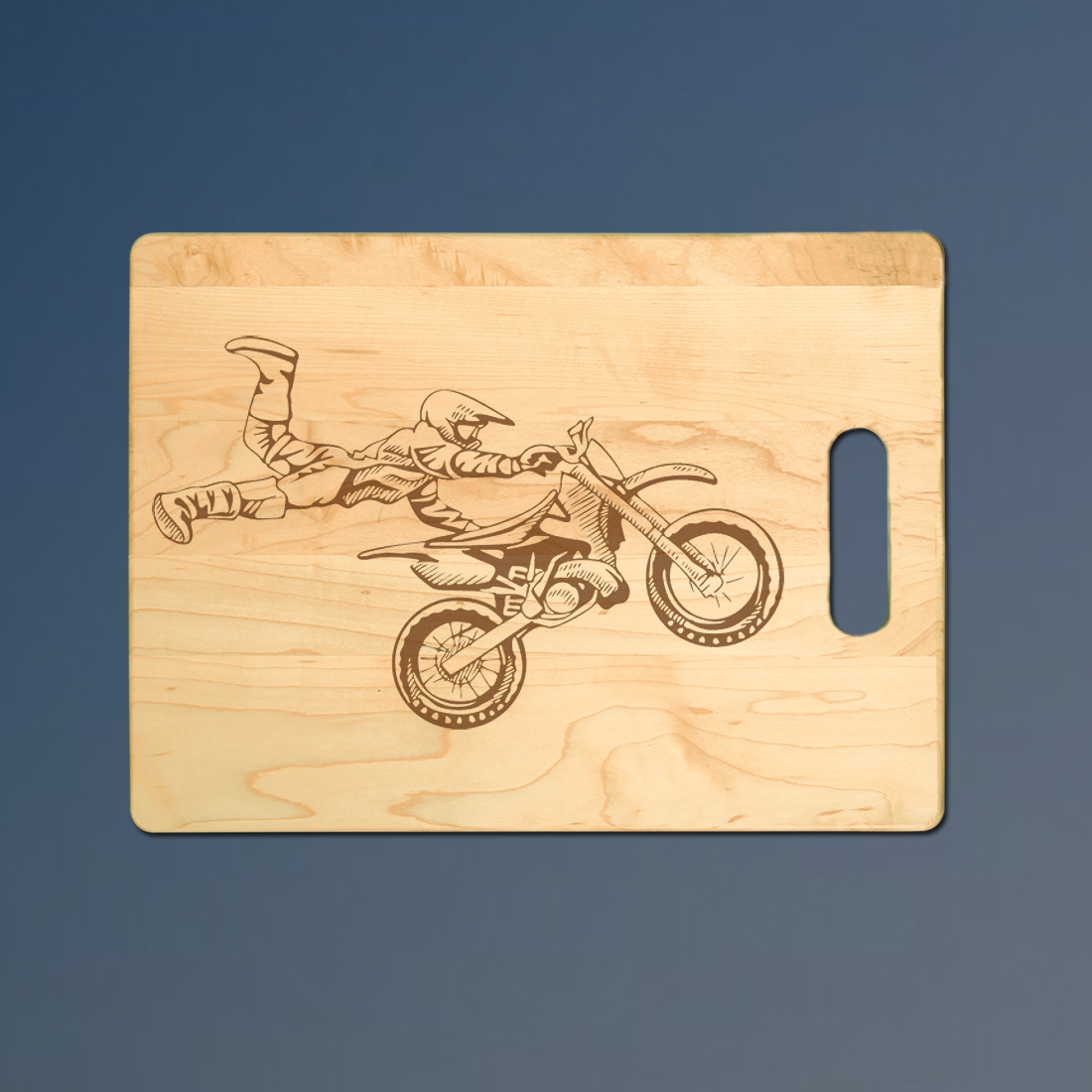 Custom engraved maple motorcycle cutting board with engraved motorcycle design of your choice. 40+ motorcycle designs to choose from.