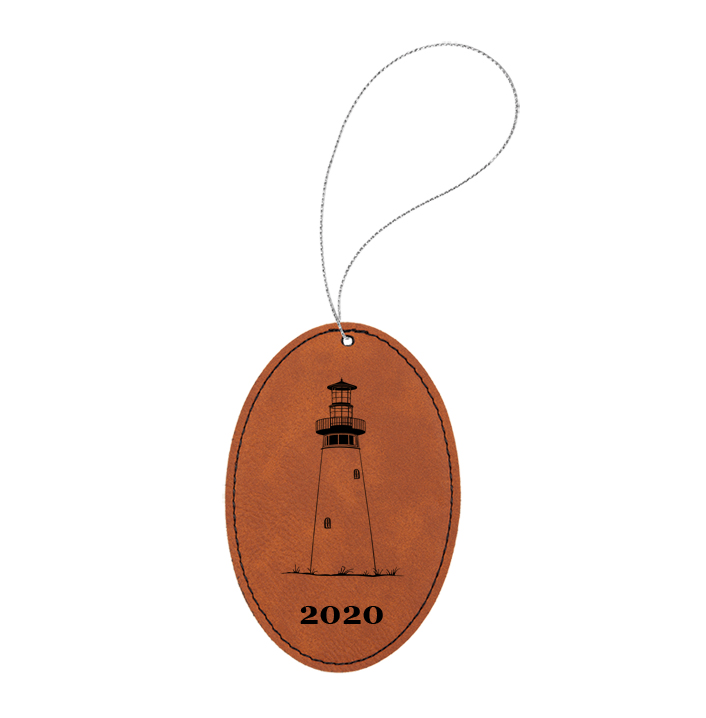 Personalized engraved leatherette Christmas ornament with custom text and a lighthouse design of your choice.  Lighthouse Ornament