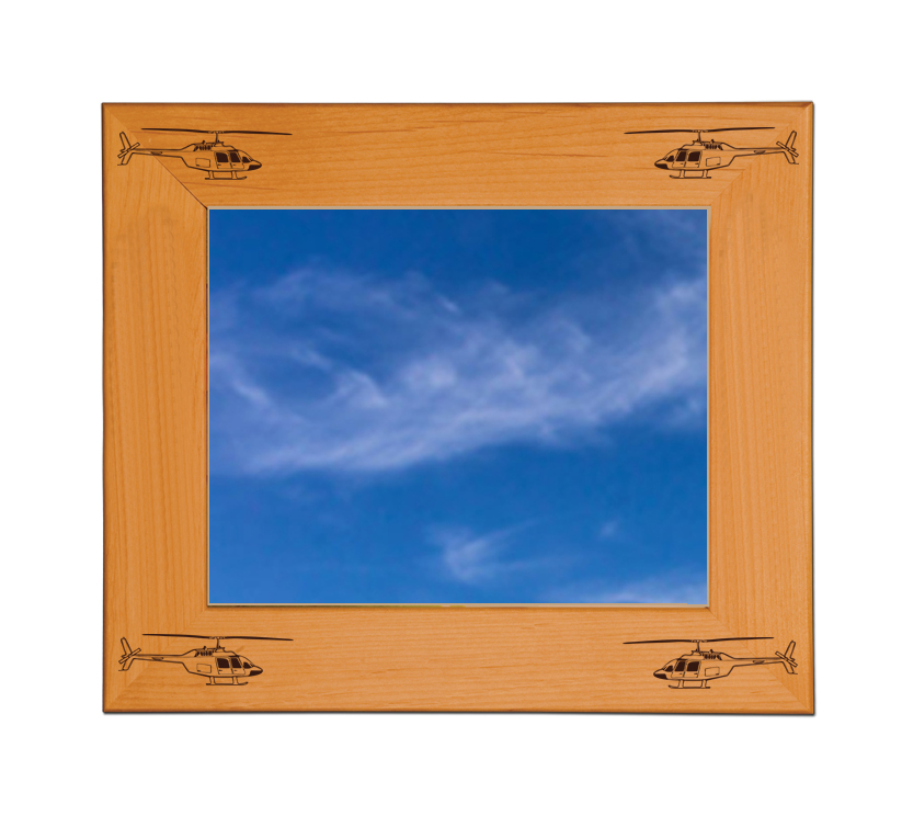 Personalized wood picture frame with custom engraved text and helicopter design.