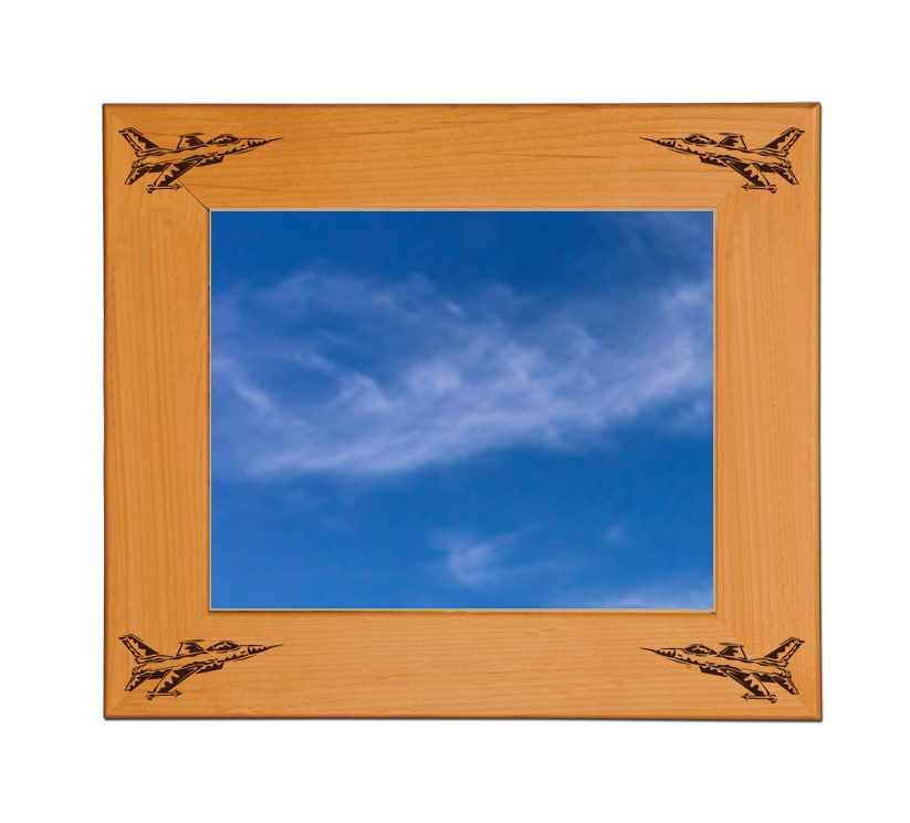 Personalized wood picture frame with custom engraved text and military aircraft design.