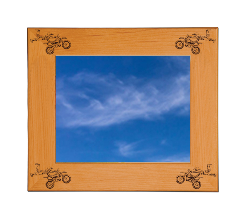 Personalized wood picture frame with custom engraved text and motorcycle design.