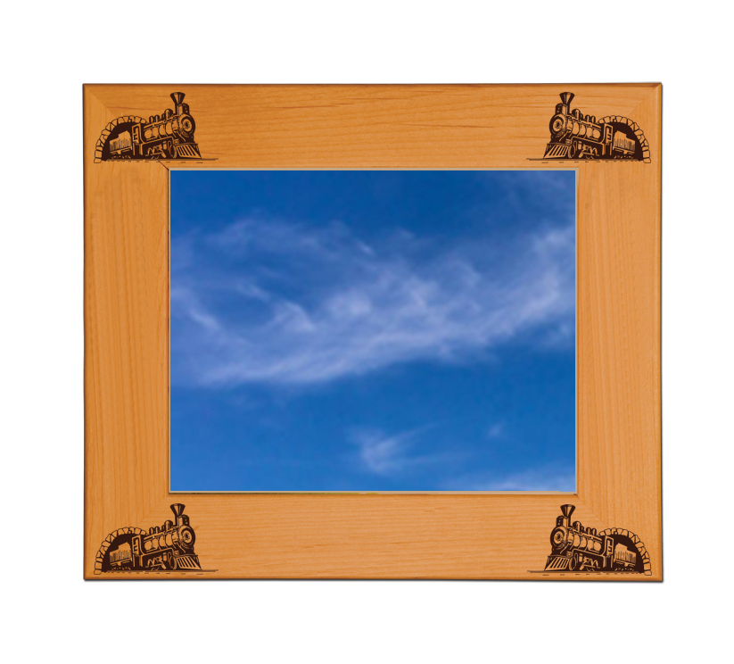 Personalized wood picture frame with custom engraved text and train design.