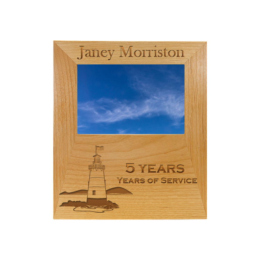 Custom engraved alder wood picture frame plaque with your choice of lighthouse design and personalized text.