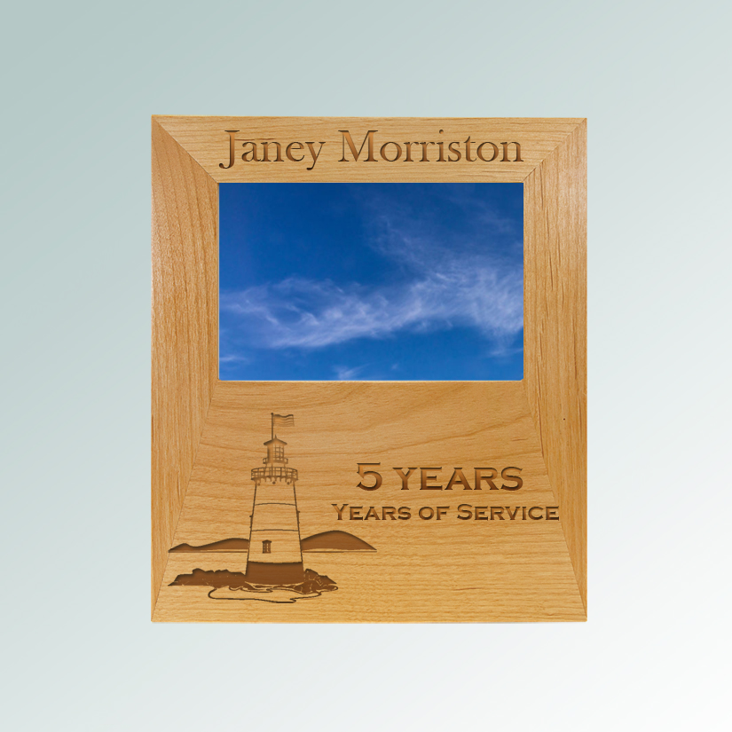 Custom engraved alder wood picture frame plaque with your choice of lighthouse design and personalized text. 85+ lighthouse designs to choose from.