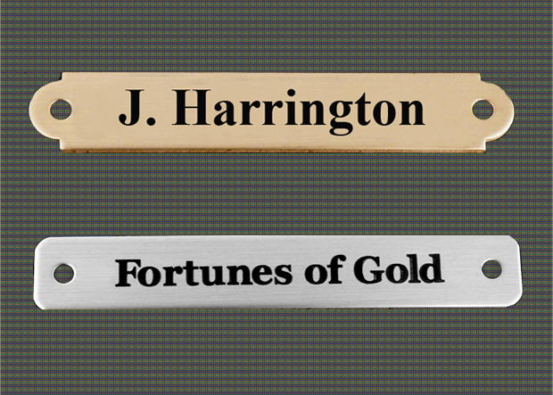 Personalized silver or brass picture frame plate with wood screws.