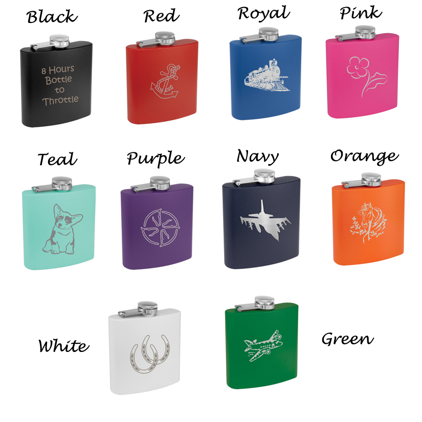 Custom engraved colored stainless steel 6 oz flask with engraved the motorcycle design of your choice.