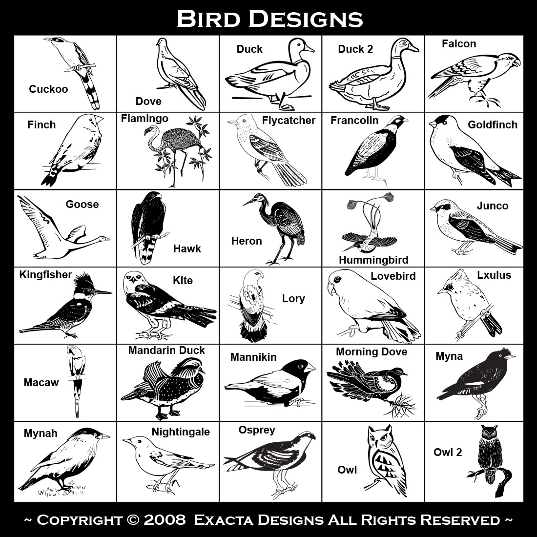 Finch, Flamingo, Flycatcher, Francolin, Goldfinch, Goose, Hawk, Heron, Hummingbird, Junco