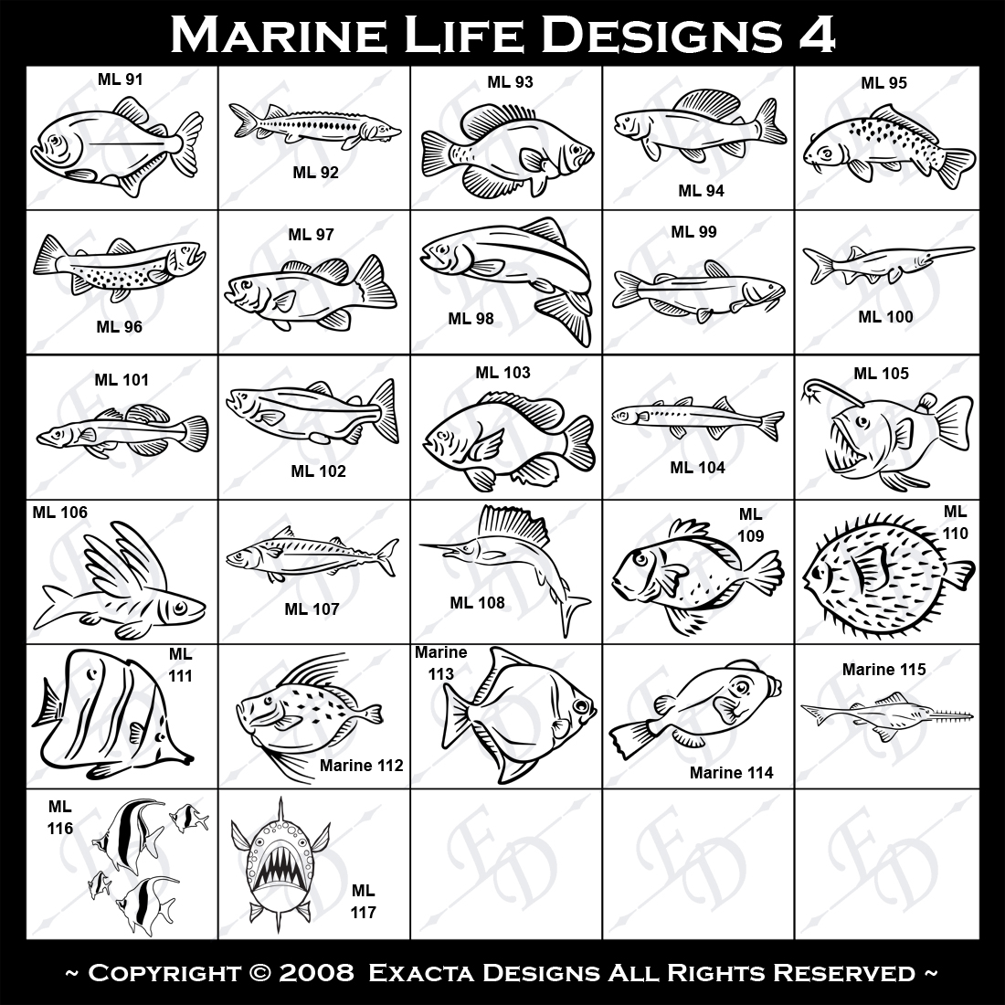Sturgeon, Surfperch, Trout, Walleye, Yellow Fin Tuna, Flying Fish, Eel