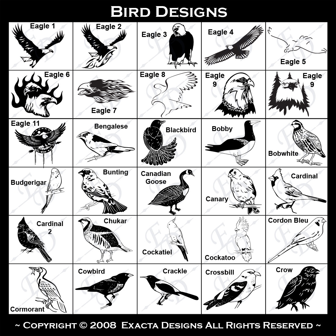 Crackle, Crossbill, Crow, Cuckoo, Dodo, Dove, Duck, Falcon, Finch