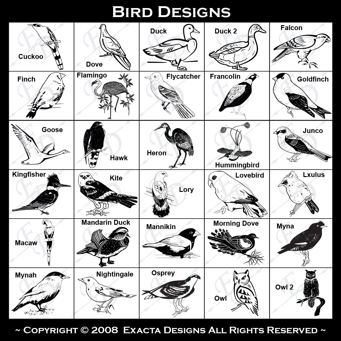 Flamingo, Flycatcher, Francolin, Goldfinch, Goose, Hawk, Heron, Loon
