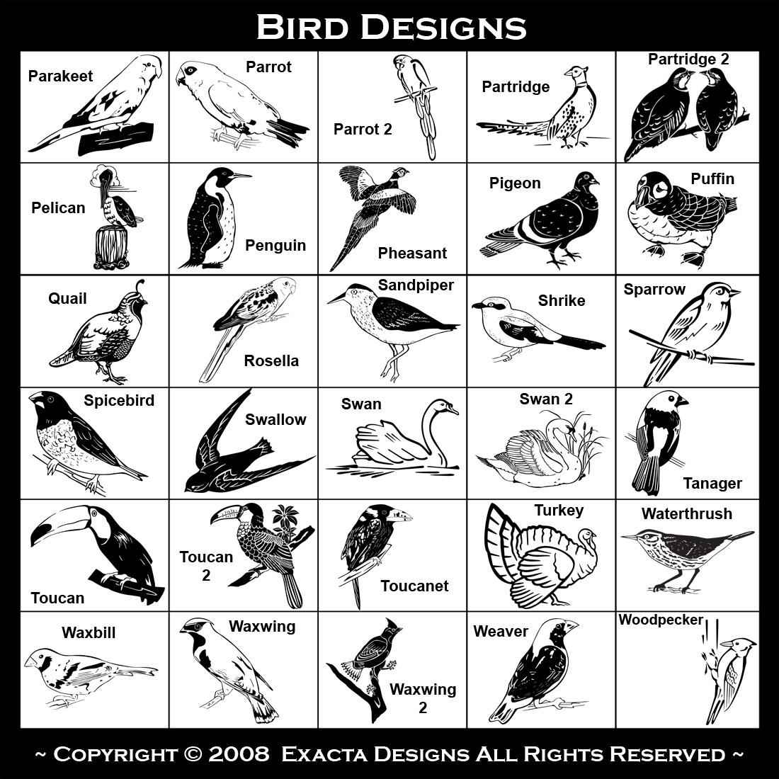 Mynah, Nightingale, Osprey, Owl, Parakeet, Parrot, Partridge, Pelican, Penguin, Pheasant, Pigeon, Puffin