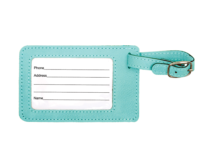 Custom engraved leatherette luggage tag with removable address card.
