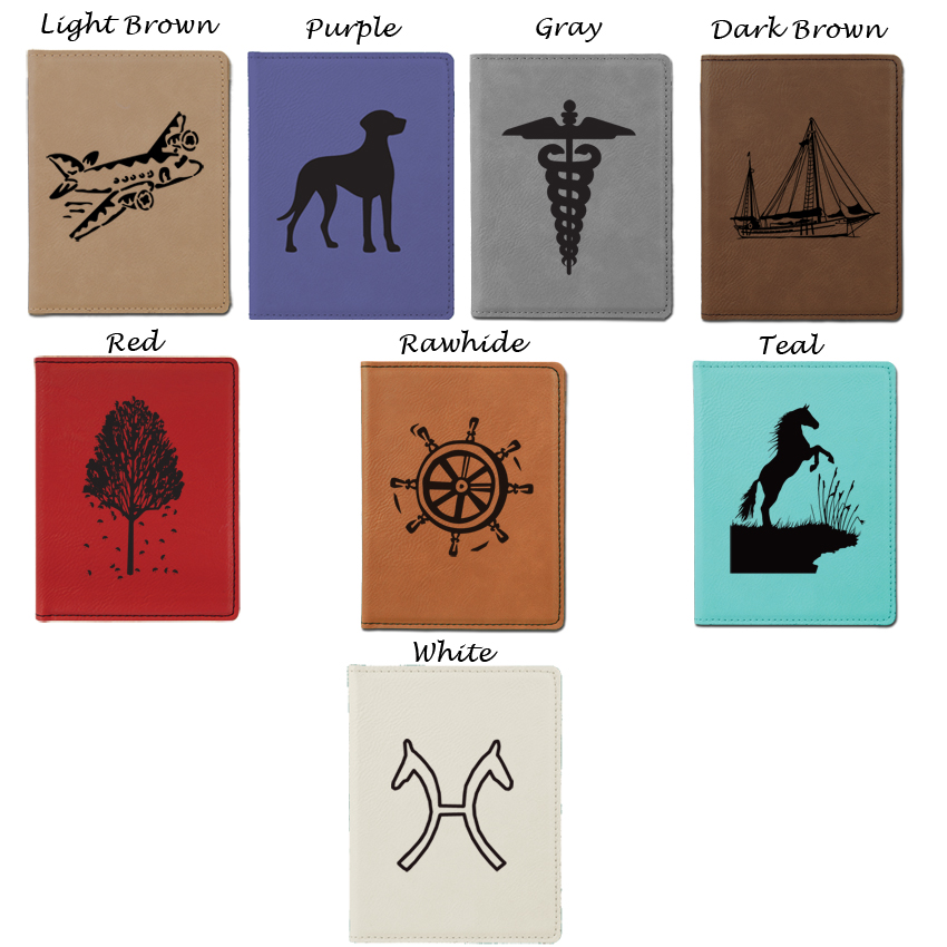 This leatherette passport cover comes with a custom engraved helicopter design and personalized engraved text.