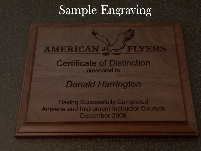 Made of genuine Genuine Walnut with your information and airplane design engraved on the plate that is attached to your Genuine Walnut plaque.