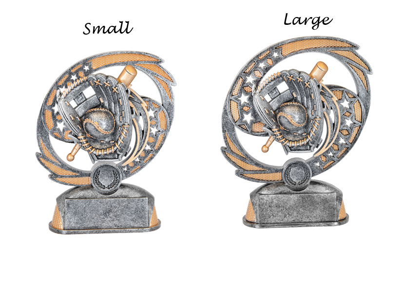 Custom engraved baseball hurricane award trophy with your choice of personalized text. This baseball trophy comes in 2 sizes.