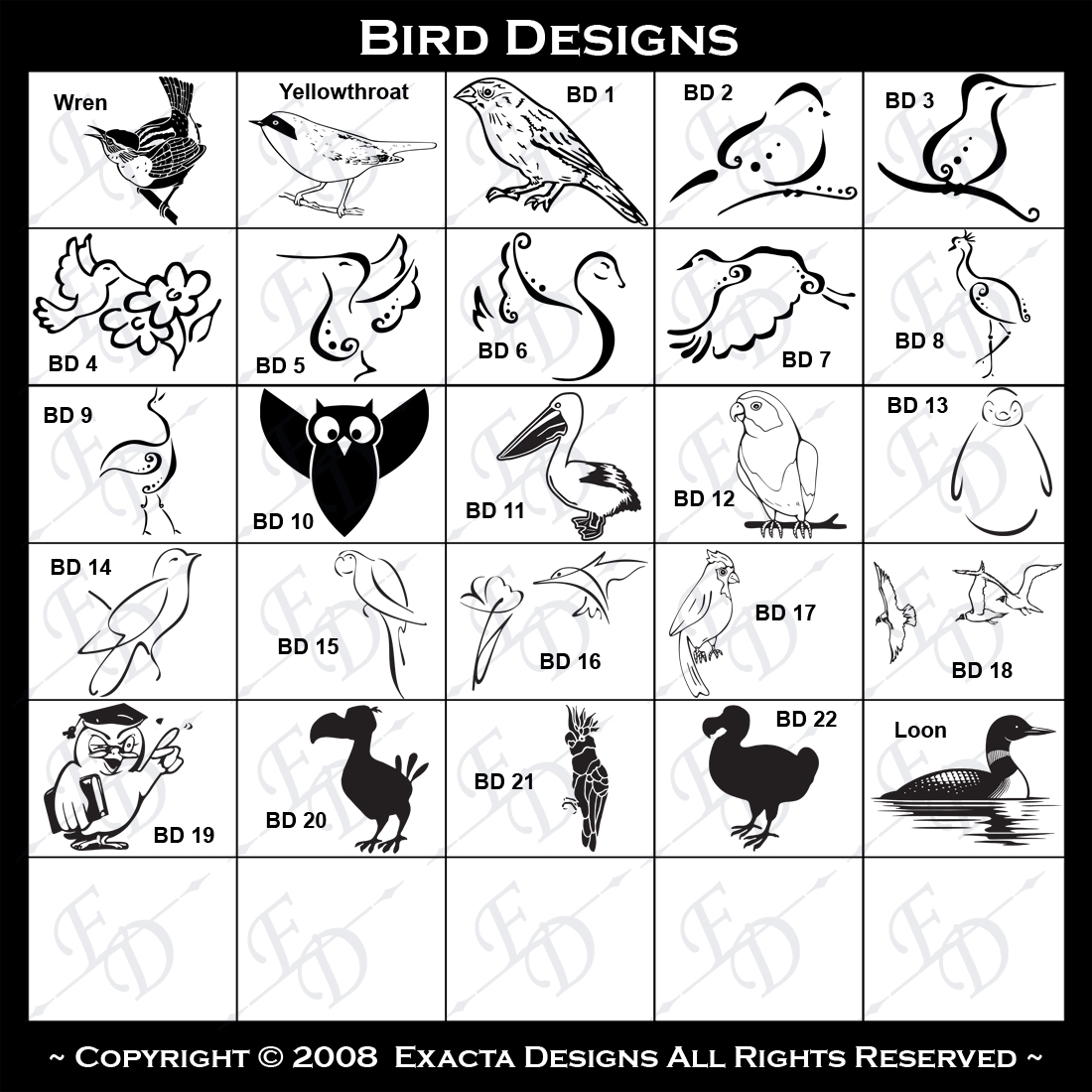 Crackle, Crossbill, Crow, Cuckoo, Dodo, Dove, Duck, Falcon, Finch