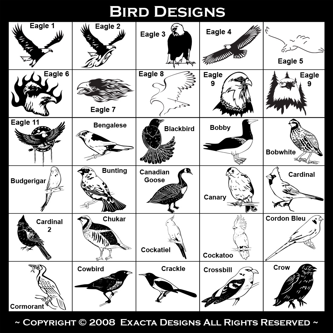 Cordon Bleu, Cormorant, Cowbird, Crackle, Crossbill, Crow, Cuckoo, Dove, Duck, Falcon