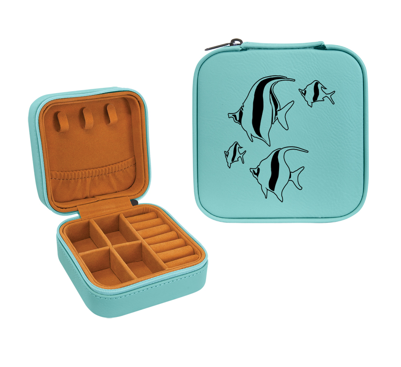 Leatherette travel jewelry box with your choice of marine life design and personalized engraved text. Marine Life Jewelry Box