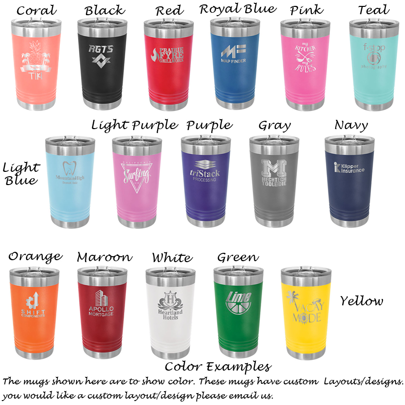 Personalized stainless steel polar camel pint glass with custom engraved text and a train design.