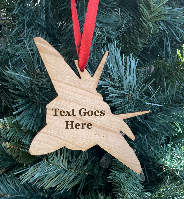 Laser cut fighter jet wood Christmas ornament comes in 3 sizes and a variety of wood types. Fighter Jet Ornament