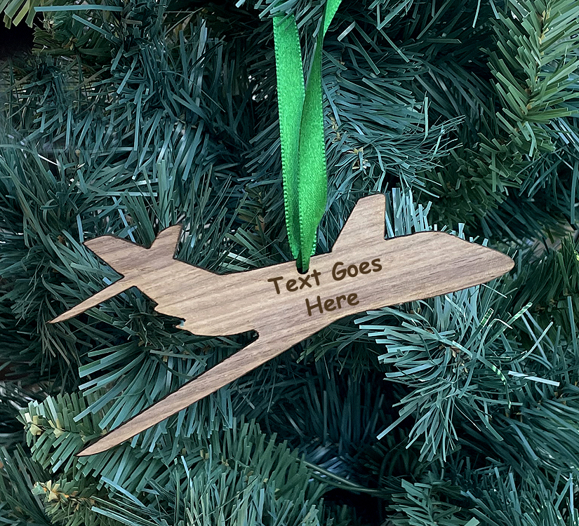 Wood jet airplane Christmas ornament with your choice of wood type and ornament size. Aviation Ornament