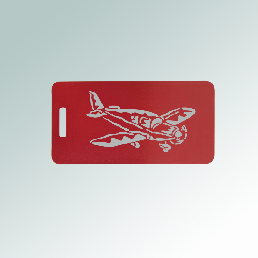 Engraved aluminum airplane luggage tag with your choice of airplane design and personalized text. 85+ airplane designs to choose from.
