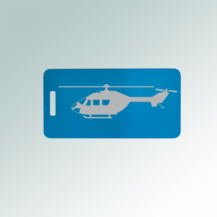 Engraved aluminum helicopter luggage tag with your choice of helicopter design and personalized text. 50+ helicopter designs to choose from.