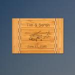 Custom engraved bamboo helicopter cutting board with engraved helicopter design and personalized engraved text. 50+ helicopter designs to choose from.