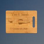 Custom engraved bamboo cutting board with engraved military aircraft design and personalized engraved text. 55+ military aircraft designs to choose from.