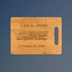 Custom engraved bamboo train cutting board with engraved train design and personalized text. 85+ train designs to choose from.