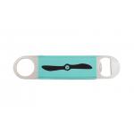 Leatherette bottle opener with an engraved airplane design and personalized text. Airplane Bottle Opener