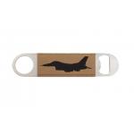 Leatherette bottle opener with an engraved military aircraft design and personalized text.
