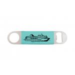 Leatherette bottle opener with an engraved boat design and personalized text. Boat Bottle Opener